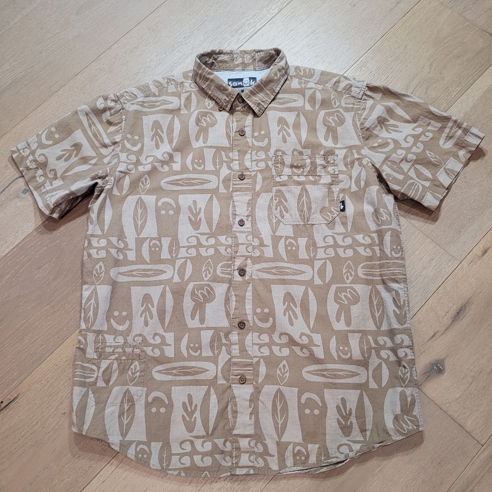 Vintage Sanuk Shirt Men's sz Medium Brown Happy Leaves Short Sleeve Button Up
